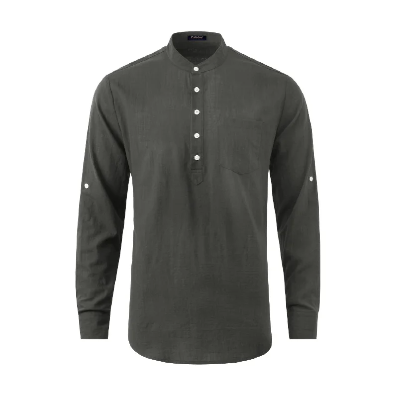 Sale Event Men‘s Henley Shirt Cotton Linen with Pocket - DARK GRAY