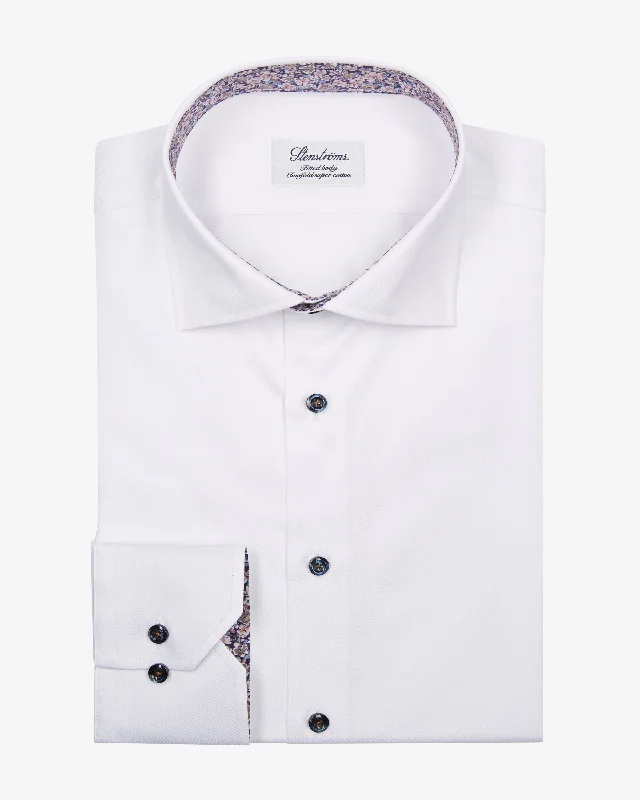 Price Drop White Twill Fitted Body Shirt w/ Floral Contrast Trims - Stenströms