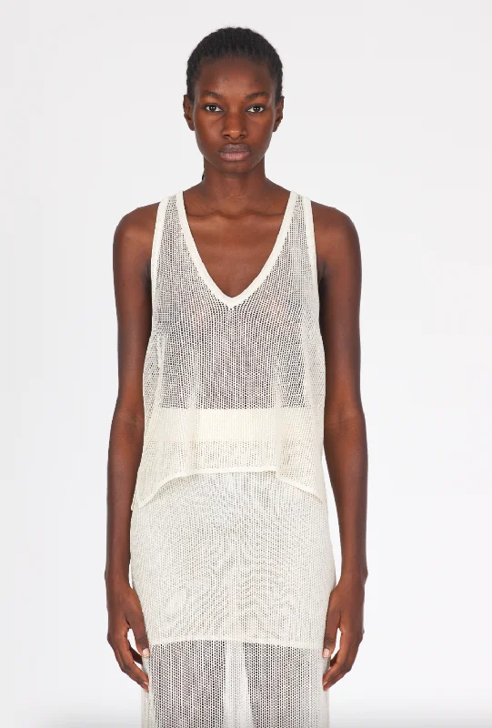 Final Clearance Shiny Viscose Mesh V Neck Tank - White