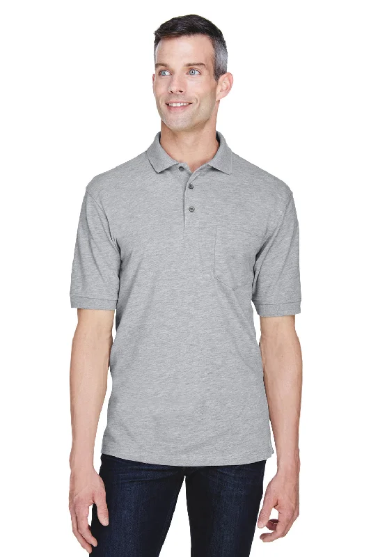 Exclusive Deal Harriton Mens Easy Blend Wrinkle Resistant Short Sleeve Polo Shirt w/ Pocket - Heather Grey
