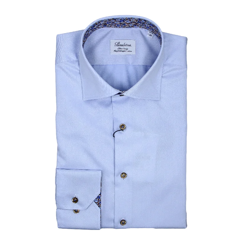 Low Cost Blue Twill Fitted Body Shirt w/ Floral Contrast Trims - Stenströms