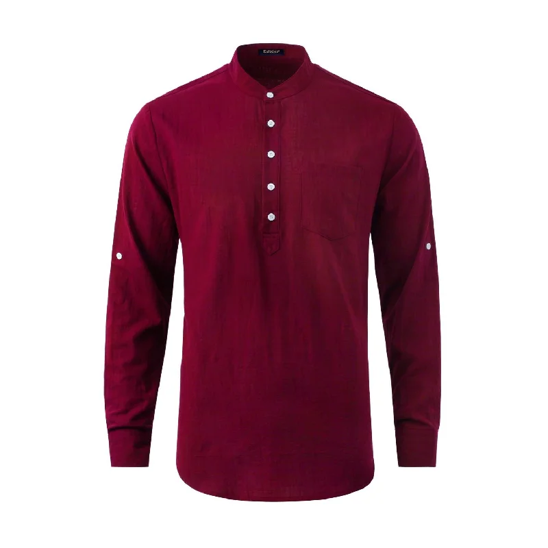 One-Day Only Men‘s Henley Shirt Cotton Linen with Pocket - BURGUNDY