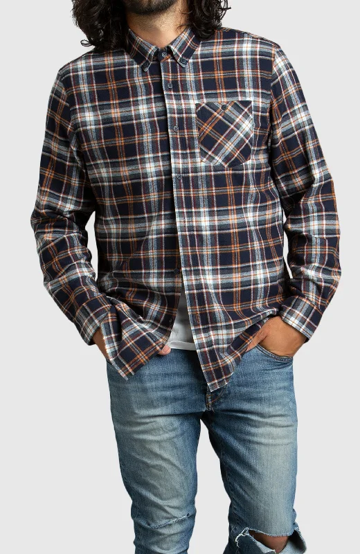 Weekend Bargains to Grab Orange and Navy Plaid Flannel Shirt