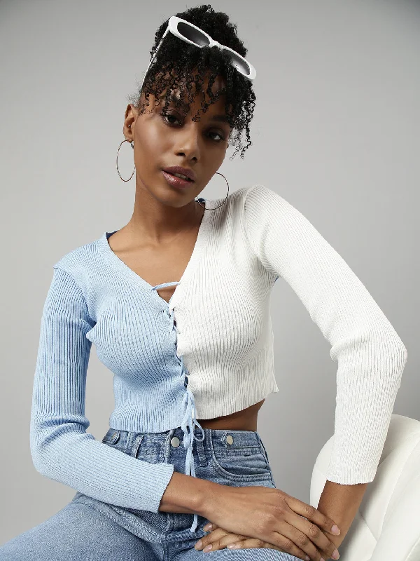 Steals and Deals Women Blue Colourblocked Fitted Crop Top