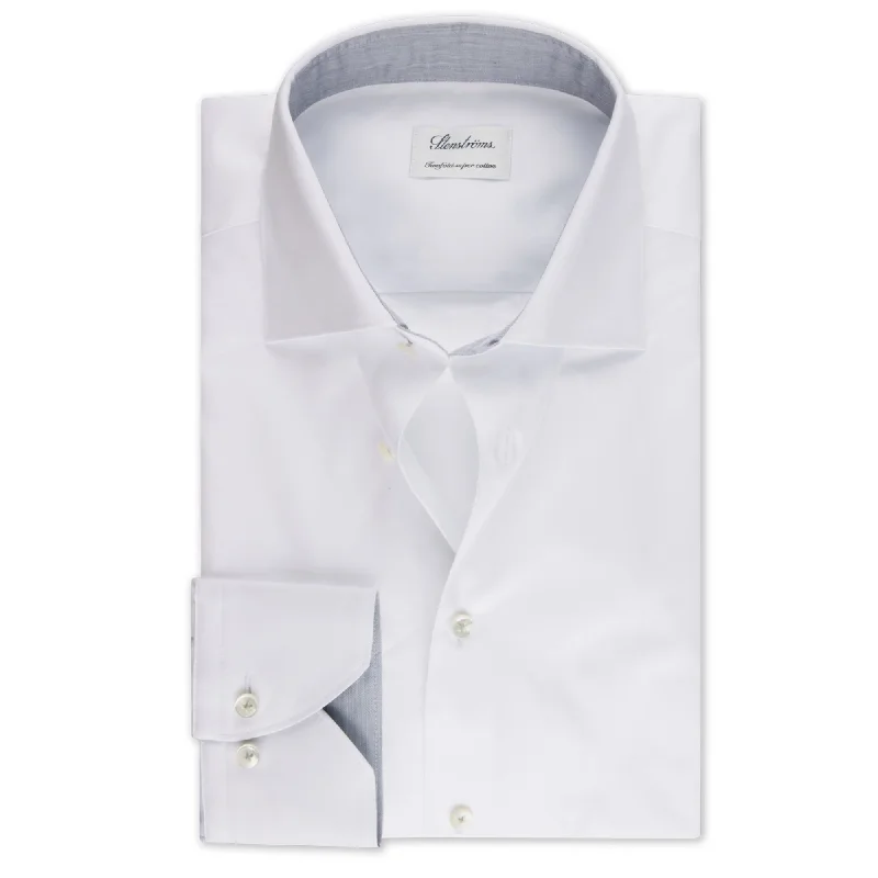 Hot Buy White w/ Gray Contrast Twofold Cotton Slimline Shirt - Stenströms