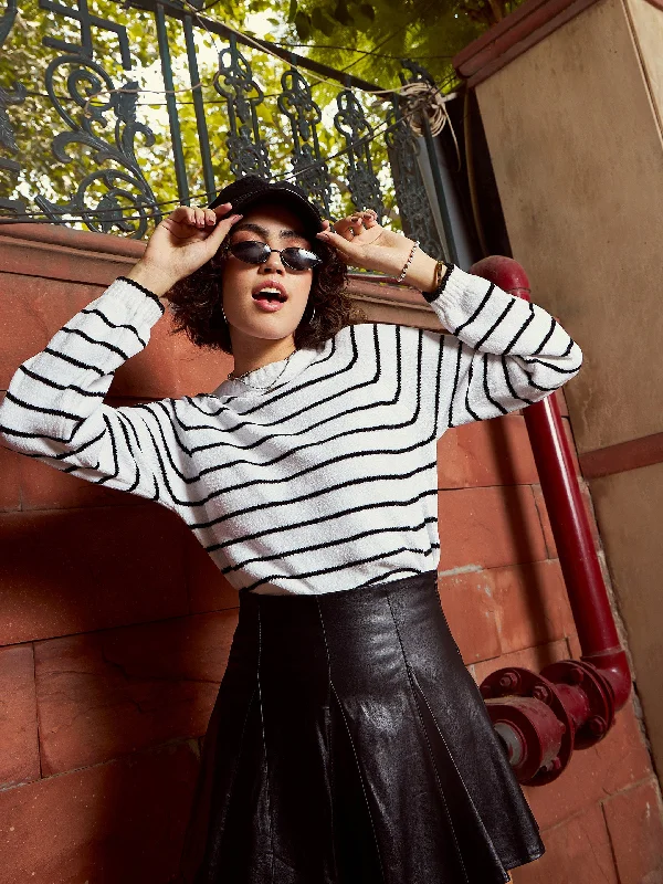 Lowest Price Women Black & White Striped Full Sleeves Sweater