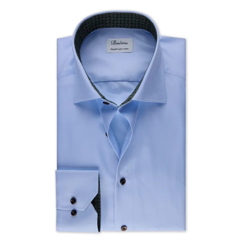 Year-End Deals Blue Textured Twill Fitted Body Shirt w/ Contrast Details - Stenströms