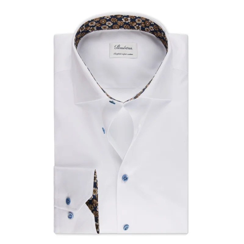 Special Offer White w/ Floral Contrast Twill Fitted Body Shirt - Stenströms