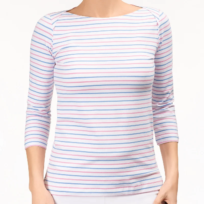Markdown Sale Boat Neck Tee in Blue & Pink Stripes