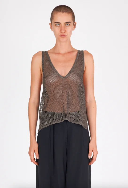 Shop and Save Shiny Viscose Mesh V Neck Tank - Mud