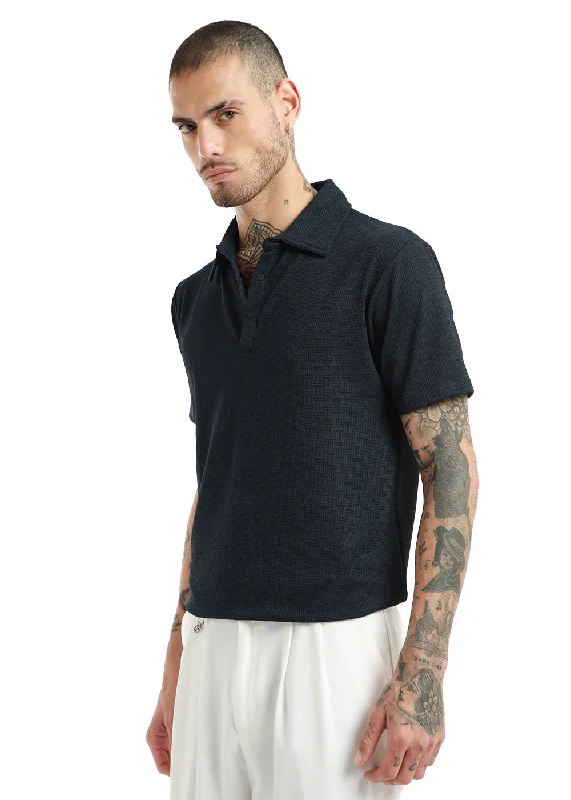 Price Cut Basket Weave Dark Blue Polo T-shirt