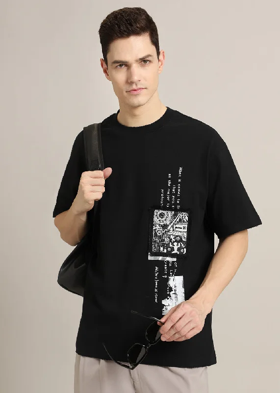 Half Price Black Applique Printed Oversized T-shirt