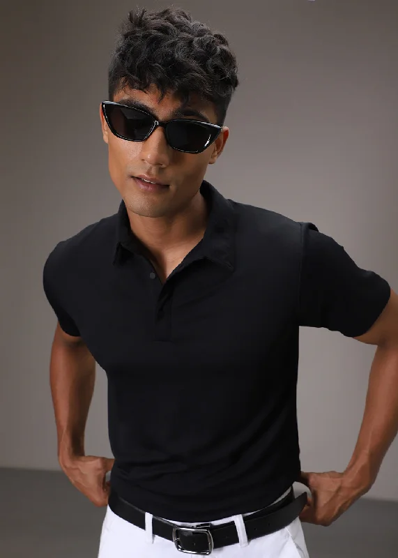 Savings Event Black Ribbed Polo T-shirt