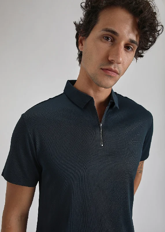 Reduced Rates Blue Zipper Stitchless Polo T-shirt