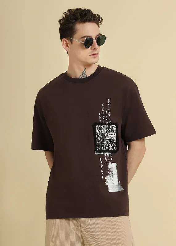 Weekend Deals That Sparkle Brown Applique Printed Oversized T-shirt