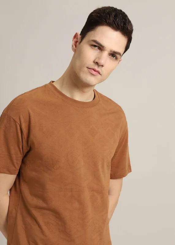 Cash Savings Brown Self Pattern Regular T-Shirt