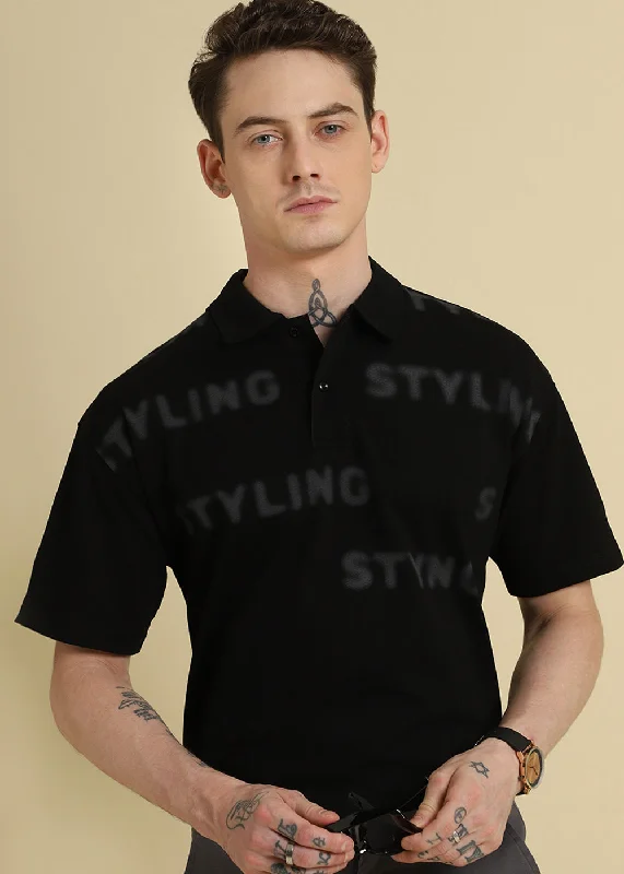Massive Savings Faded Print Black Polo T-shirt