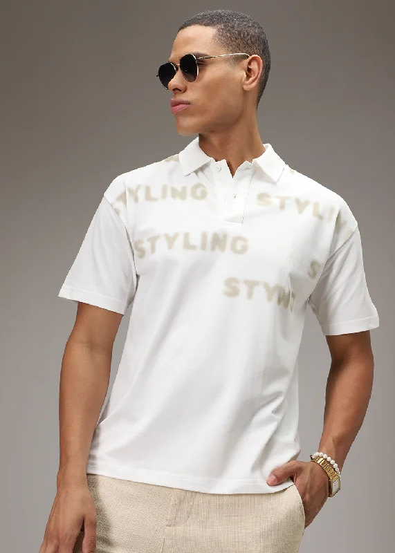 Weekend Offers That Excite Faded Print White Polo T-shirt