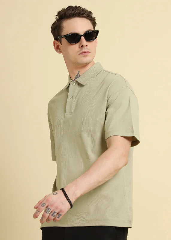 Online Deal Green Patterned Drop Shoulder Polo T-shirt