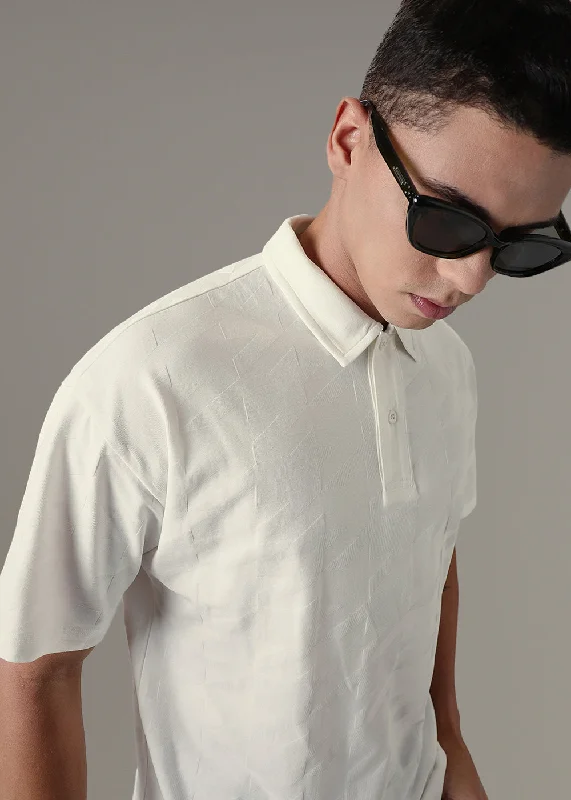 Weekend Deals That Thrill Herringbone Pattern White Polo T-shirt