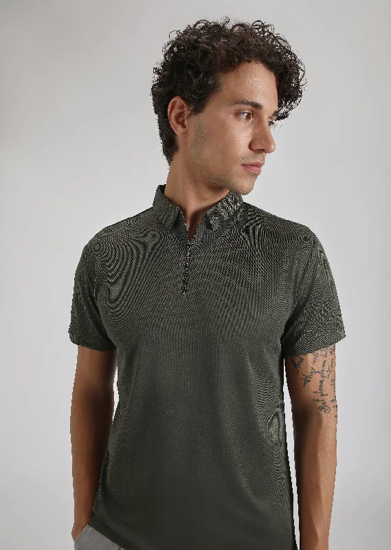 Deep Discounts Olive Zipper Stitchless Polo T-shirt
