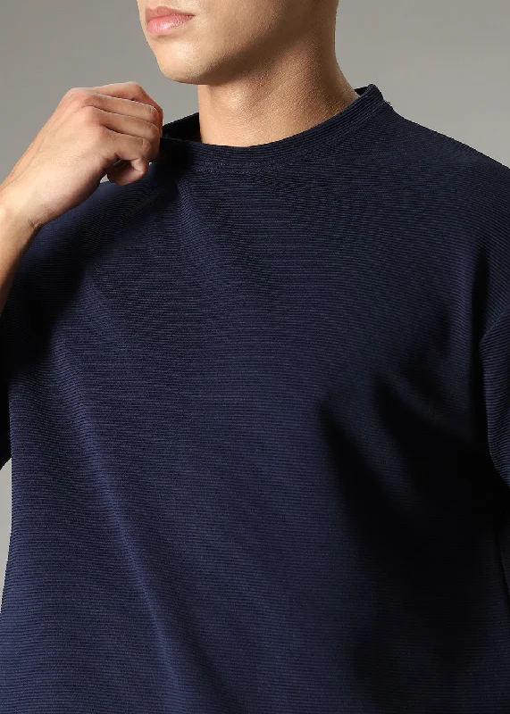 Instant Discount Oversized Navy Blue Textured T-shirt