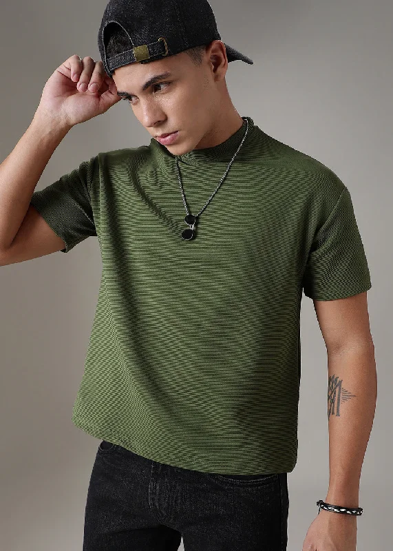 Steals and Deals Oversized Olive Green Textured T-shirt