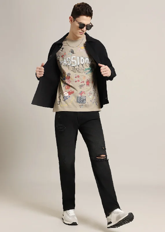 Special Buy Passion Beige Printed Oversized T-shirt